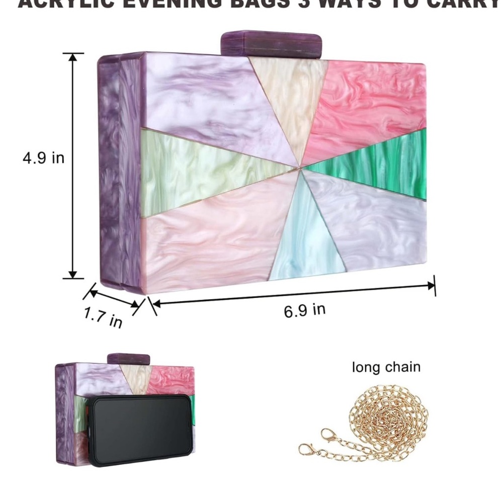 Glamorous Colorblock Multicolor Resin Reflective Turnlock Clutch Box Purse New - Picture 6 of 7